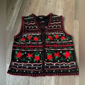 VTG CHRISTMAS Sweater Vest Funky Retro Holiday Knit Black Red Green Petite S M